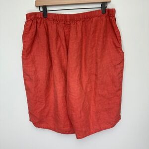 FLAX Women's Linen Wide Leg Shorts Coral Orange Elastic‎ Waist Casual Comfort L